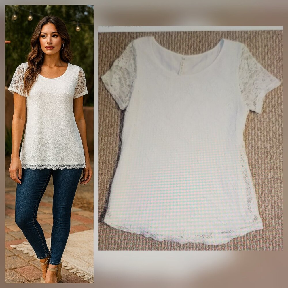 Leo & Nicole Ivory Lace Overlay Lined Tee Feminine Coquette Tunic Top Size M